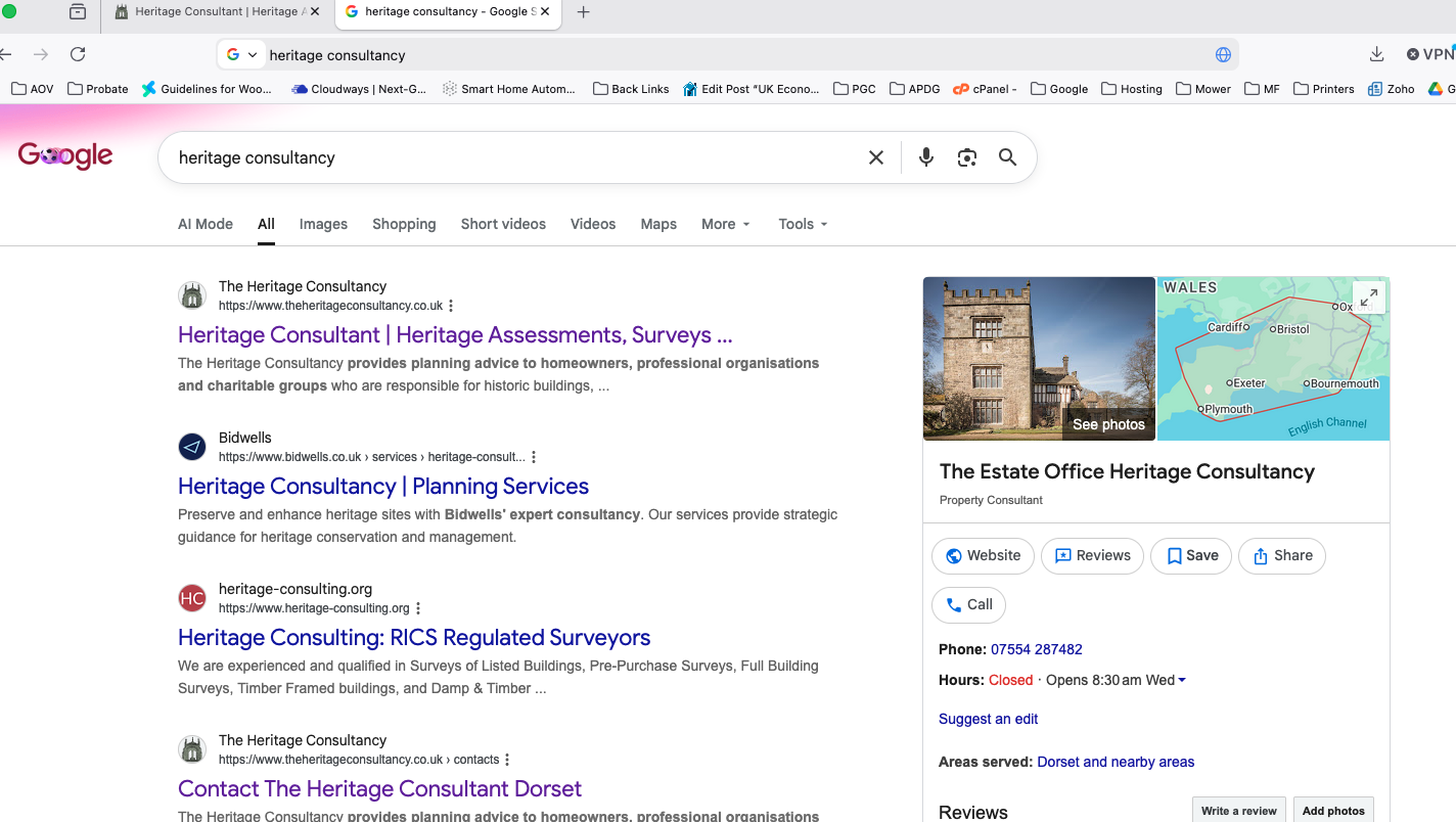 Top of Google SERPS for heritage consultant