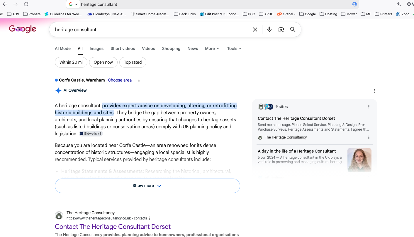 Top of Google SERPS for heritage consultancy